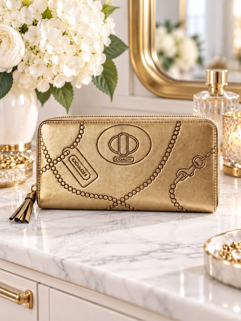 COACH Madison Metallic Gold Embossed Heritage Chain Motifs Accordion Zip Wallet